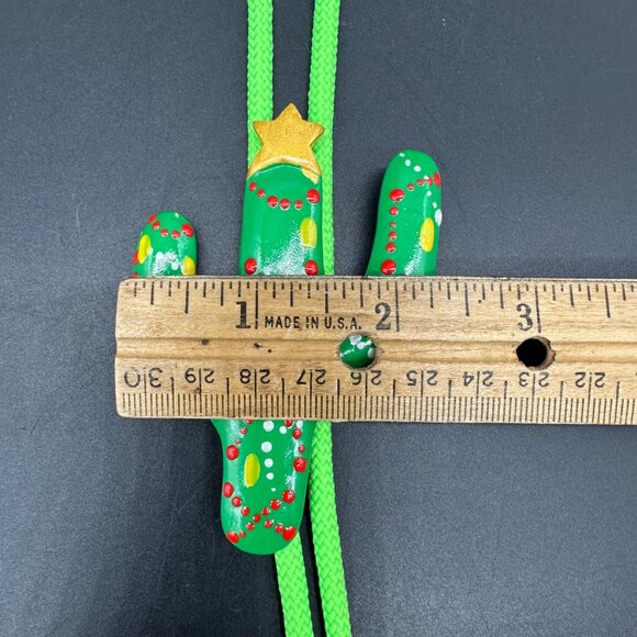 Handmade Christmas Cactus Bolo Tie Wooden Hand Painted Kitschy Ugly Western - Picture 6 of 7